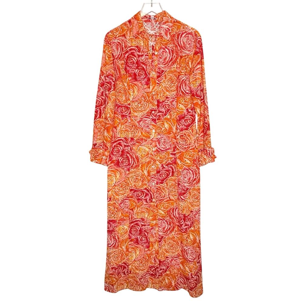 Ala von Auersperg Maxi Eyelet Shirt Dress 10 Orange Pink Rose Floral Semi Sheer